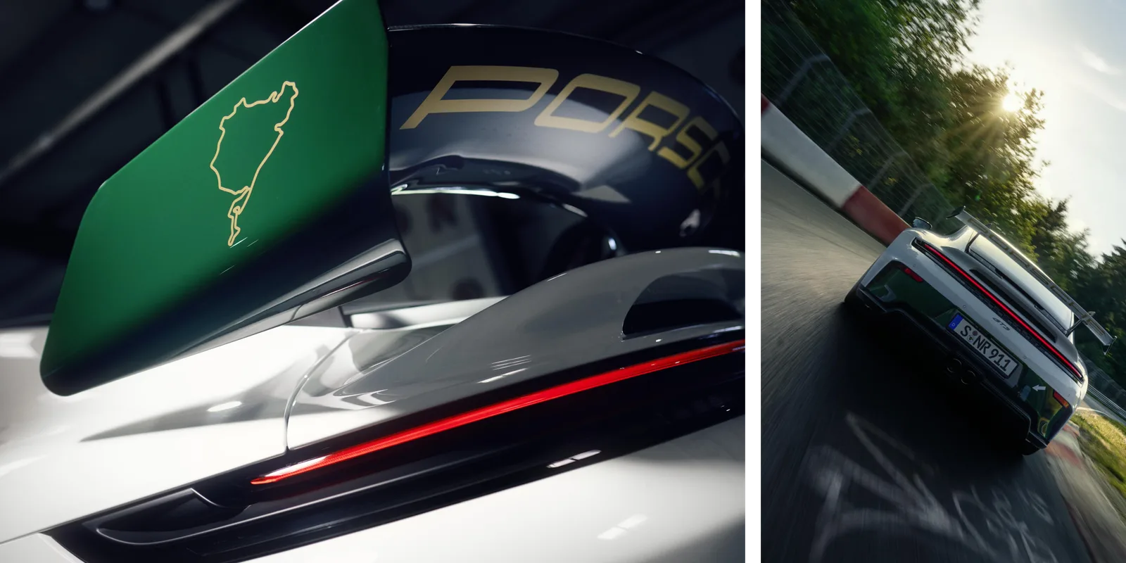 Porsche 911 GT3 100 Jahre Nürburgring, zielona boczna płyta spoilera z obrysem Nordschleife i widok z tyłu na torze