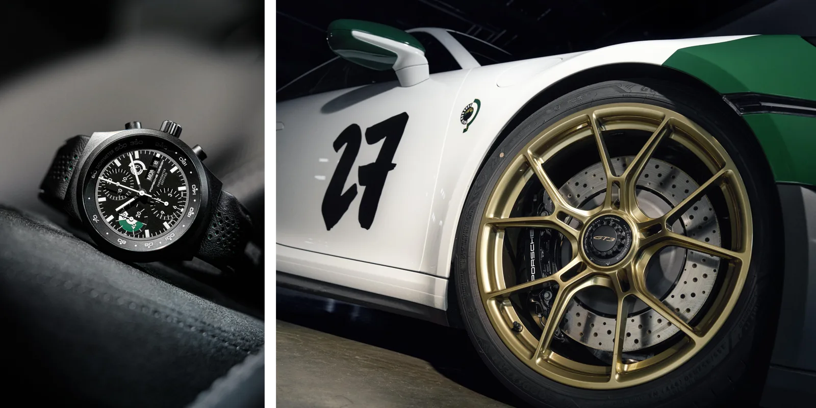 Porsche 911 GT3 100 Jahre Nürburgring, chronograf Porsche Design oraz złota felga California Gold i numer startowy 27 na drzwiach
