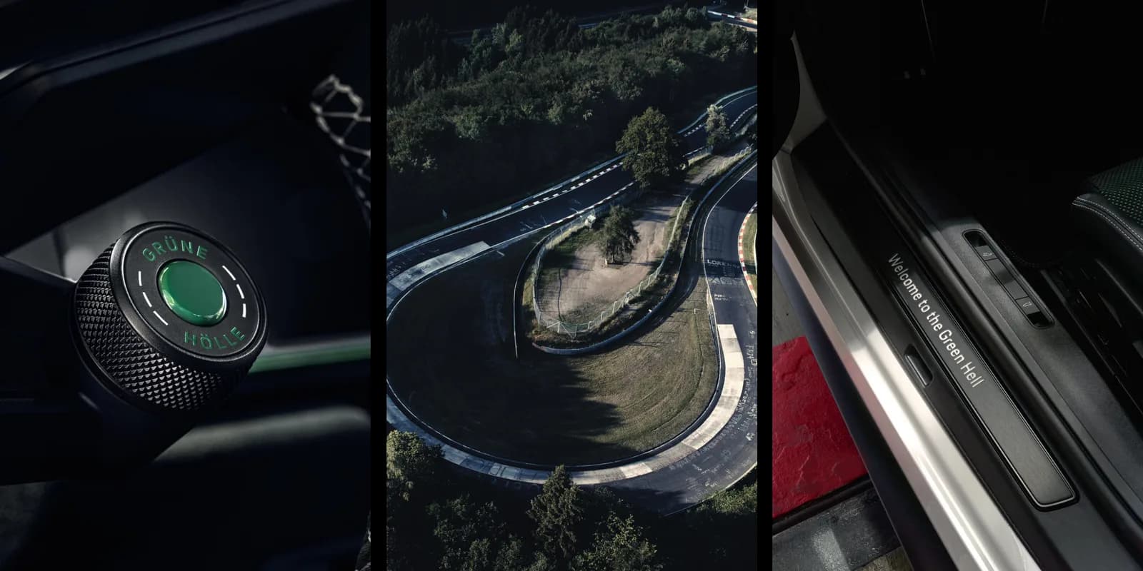 Porsche 911 GT3 100 Jahre Nürburgring, pokrętło z napisem Grüne Hölle, Nordschleife z lotu ptaka i listwa progowa Welcome to the Green Hell