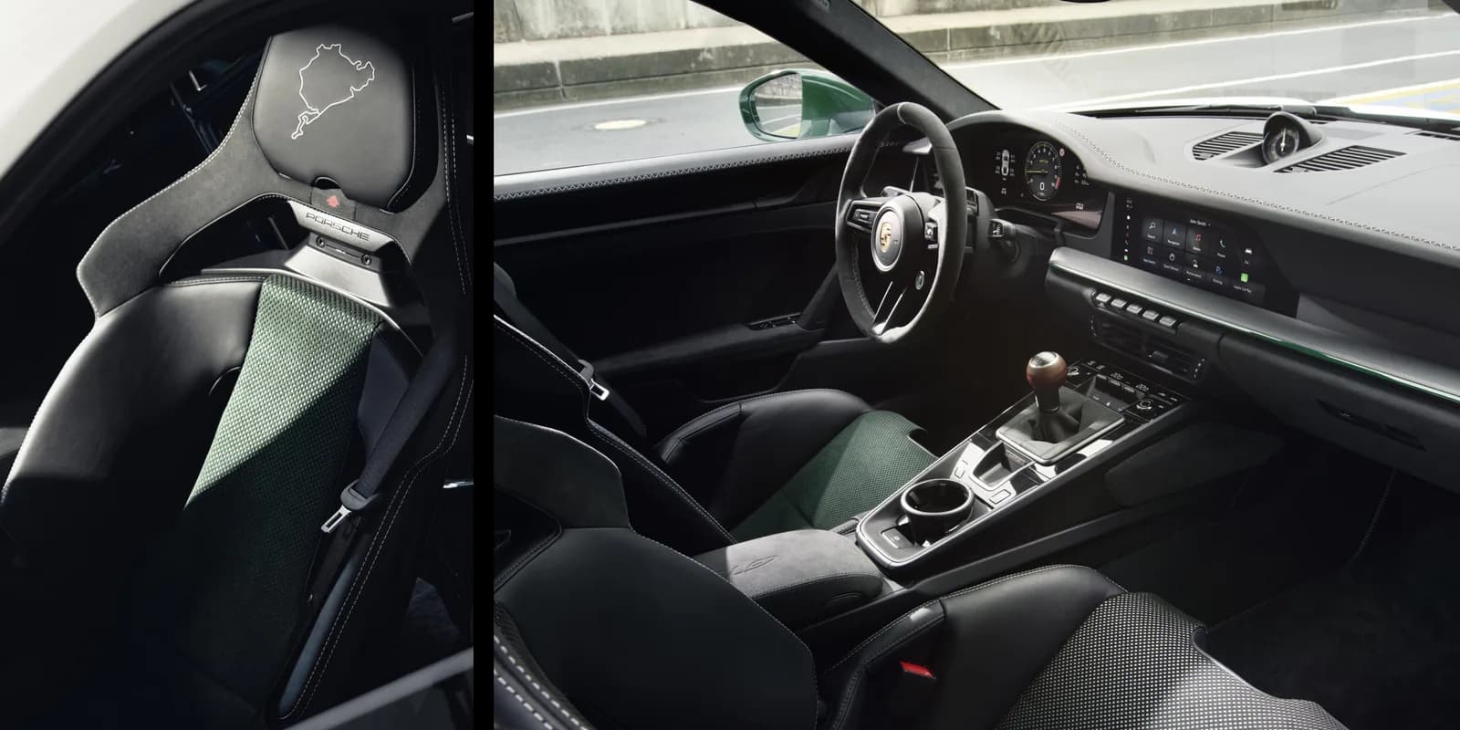Porsche 911 GT3 100 Jahre Nürburgring, fotel kierowcy z zieloną perforacją i haftem toru oraz wnętrze z manualną skrzynią biegów