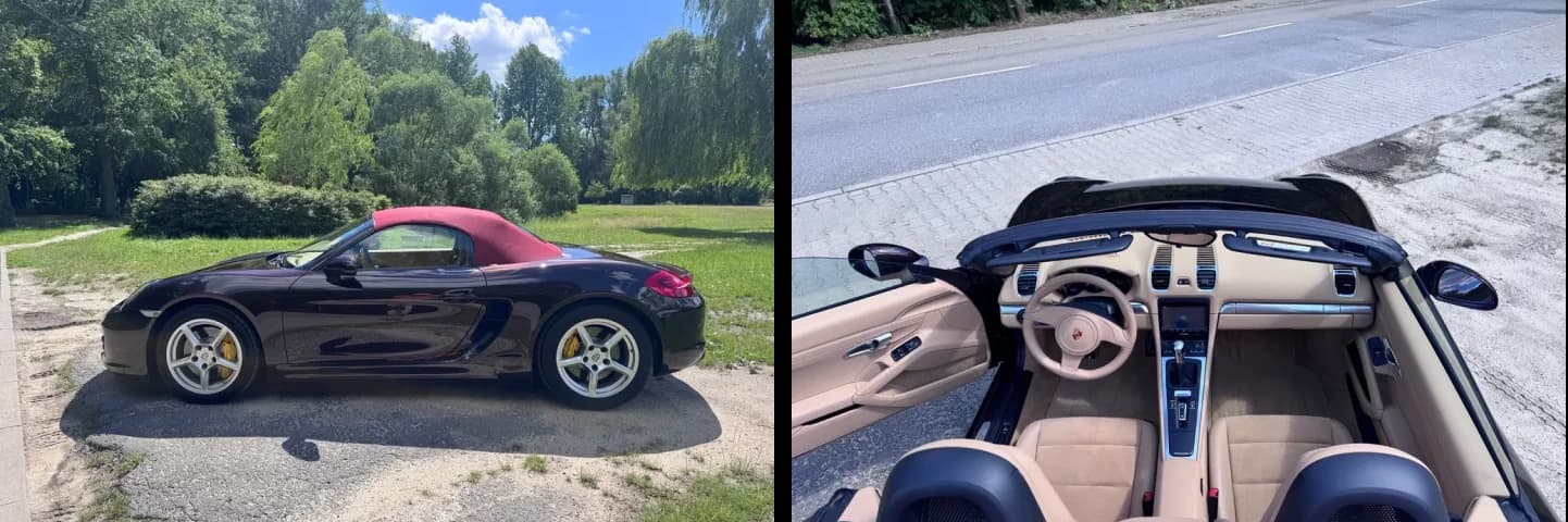 Porsche Boxster 981 z 2015 roku z profilu i wnętrze w jasnej skórze, ogłoszenie OTOMOTO