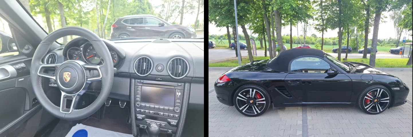 Porsche Boxster 987.2 z 2009 roku - wnętrze z manualną skrzynią i sylwetka z profilu, ogłoszenie OTOMOTO