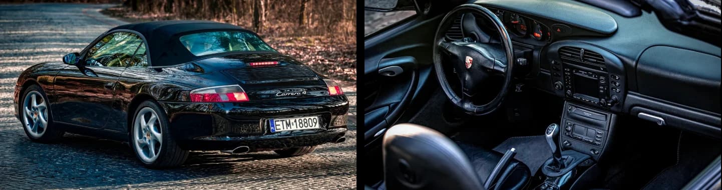 Porsche 911 996 Carrera 4 Cabriolet z 2001 roku z tyłu i wnętrze z manualną skrzynią, ogłoszenie OTOMOTO