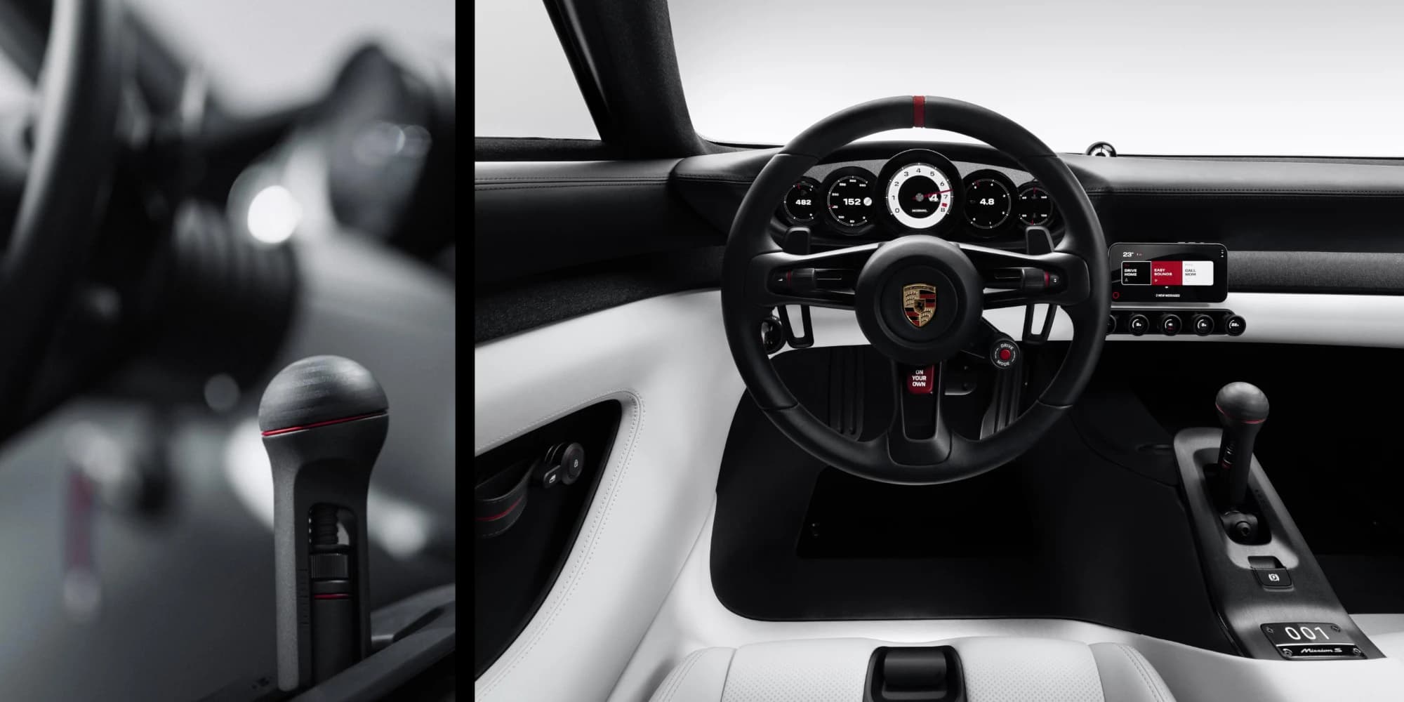 Wnętrze Porsche Mission S, dźwignia z bliska i kokpit z pięcioma okrągłymi zegarami