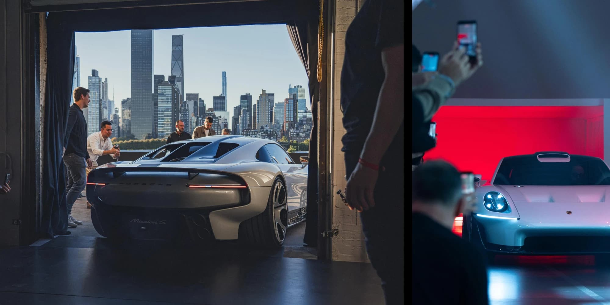 Premiera Porsche Mission S w Nowym Jorku, auto w otwartej bramie na tle Manhattanu i goście fotografujący przód