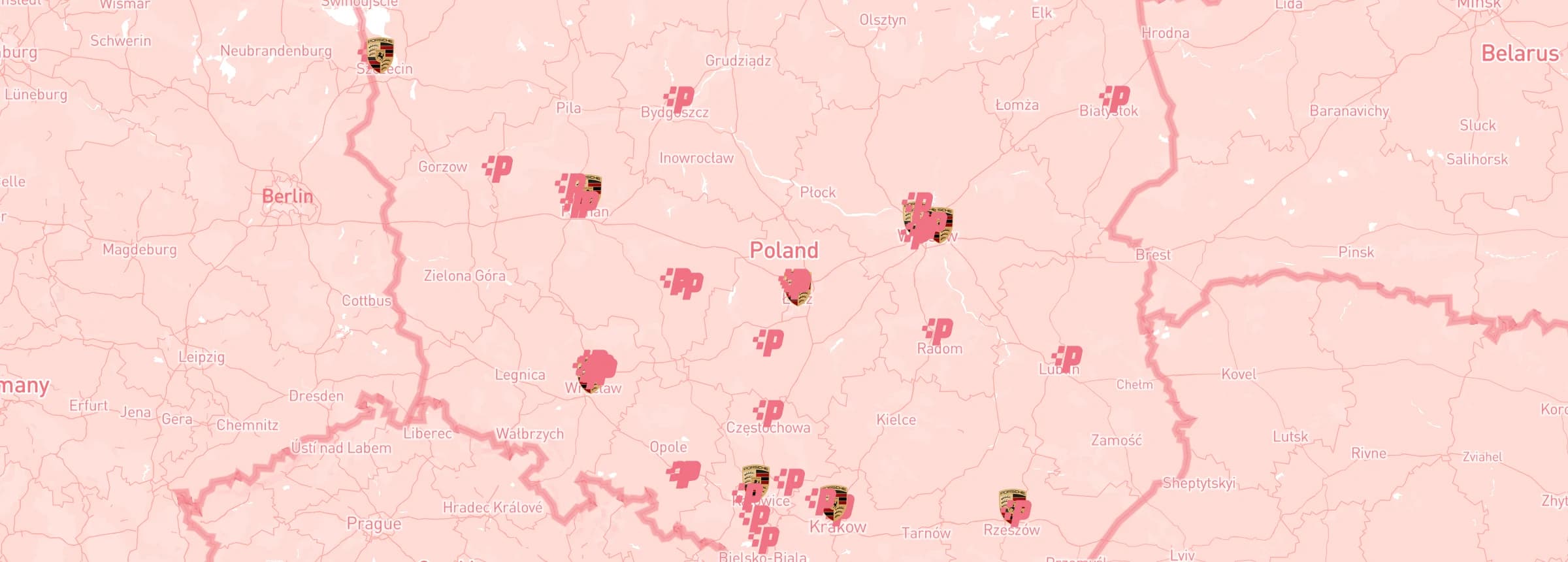 Mapa warsztatów Porsche w Polsce - pinezki w kilkudziesięciu miastach